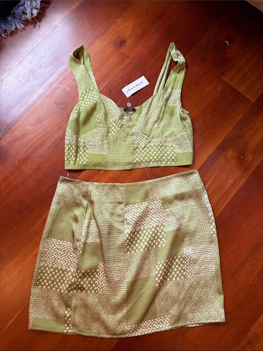 PacSun Olive Green Printed Crop Top & Mini Skirt Set